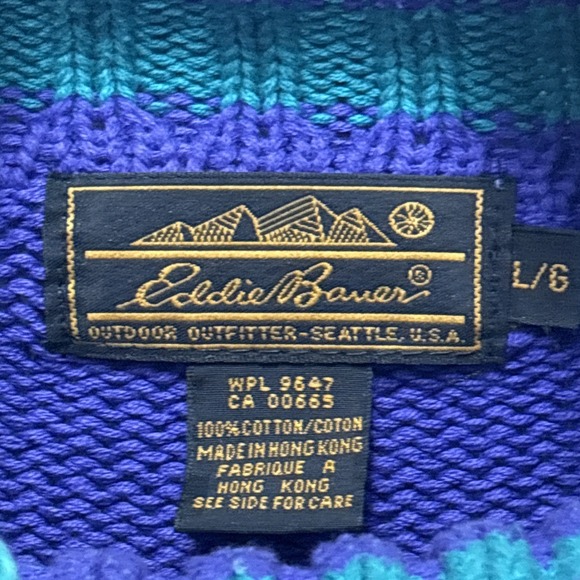 Vintage Eddie Bauer Sweater Men Large ColorBlock Crewneck Purple 80s Heavyweight - Picture 2 of 9